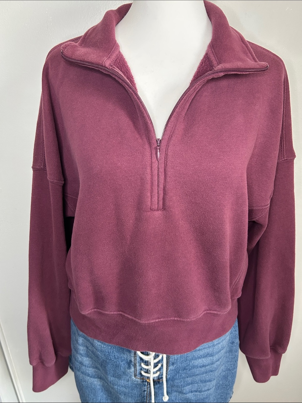 Abercrombie & Fitch Plum Half-Zip Fleece Cotton Blend Pullover Sweatshirt